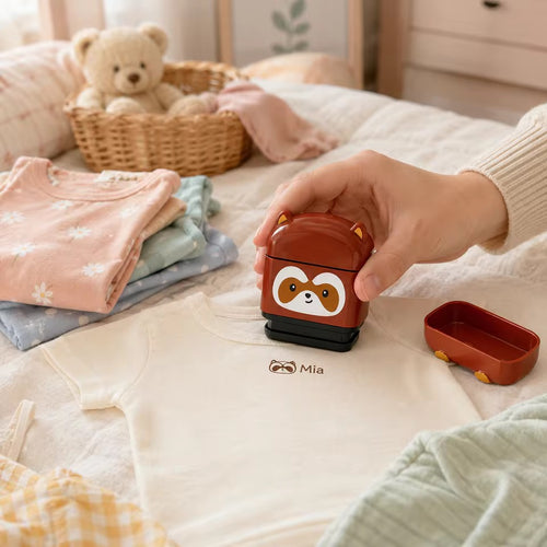 Tampon nominatif en cours d'utilisation sur l'étiquette d'un vêtement d'enfant